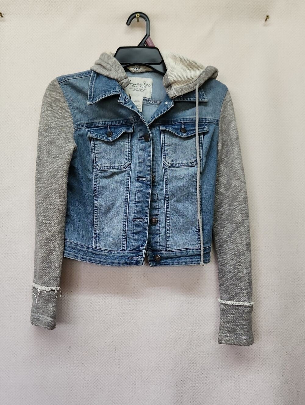 American Rag Denim Jacket with Gray Knit Hood & Sleeves